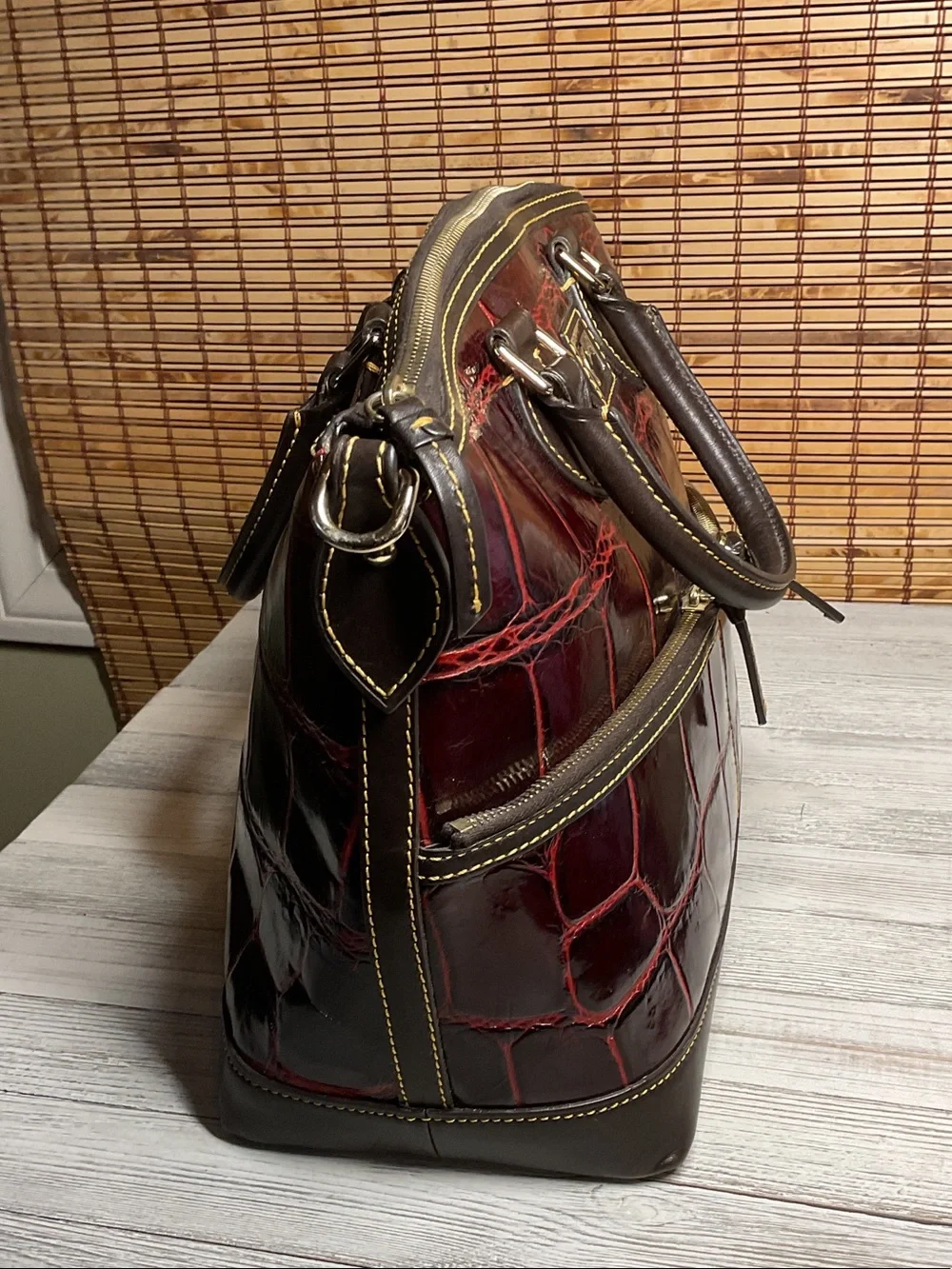 Dooney & Bourke Dillen Double Pocket Satchel Crossbody Red Croc Embossed